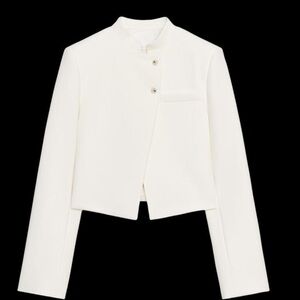 Zara White Ecru Asymmetric Cropped Padded Shoulder Jacket